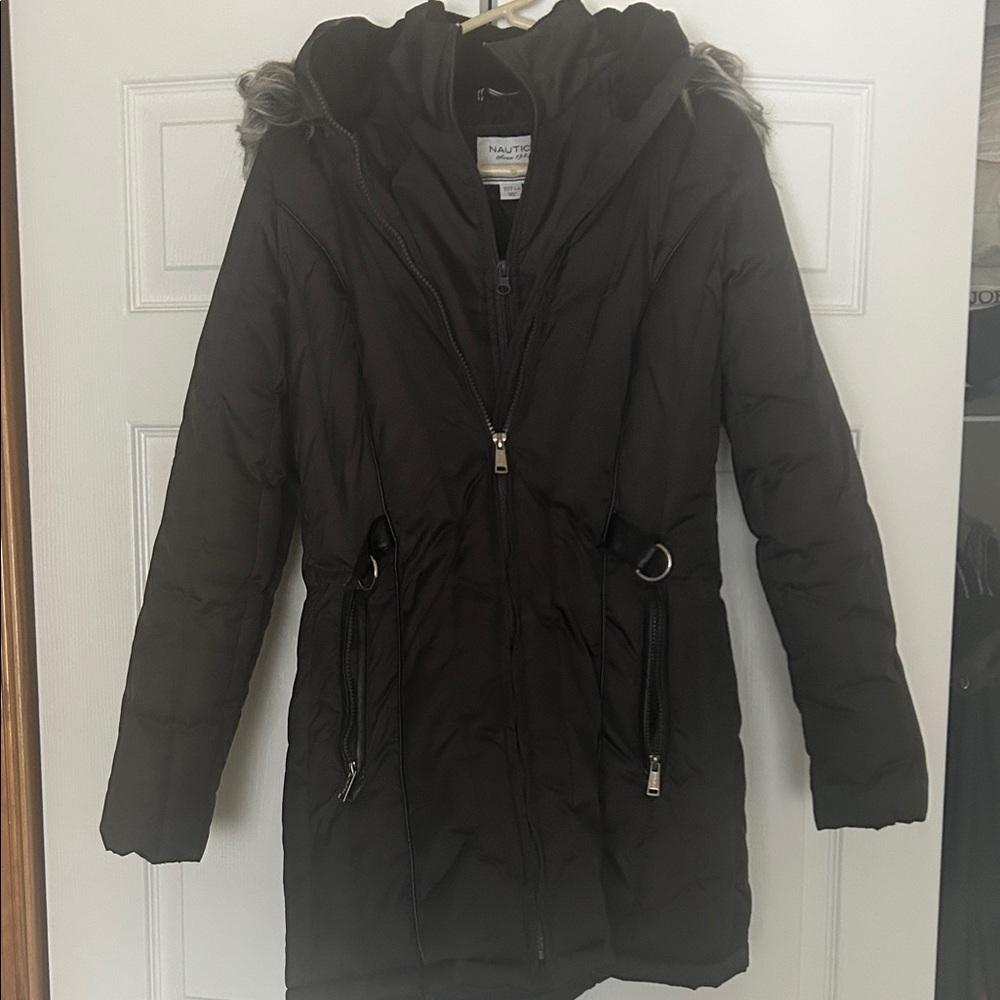Nautica Women's Dark Puffer Jacket with Fur Trim